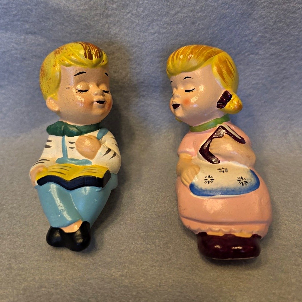 Vintage Japan 1950s Sleeping Boy & Girl Ceramic Salt & Pepper Shakers Set