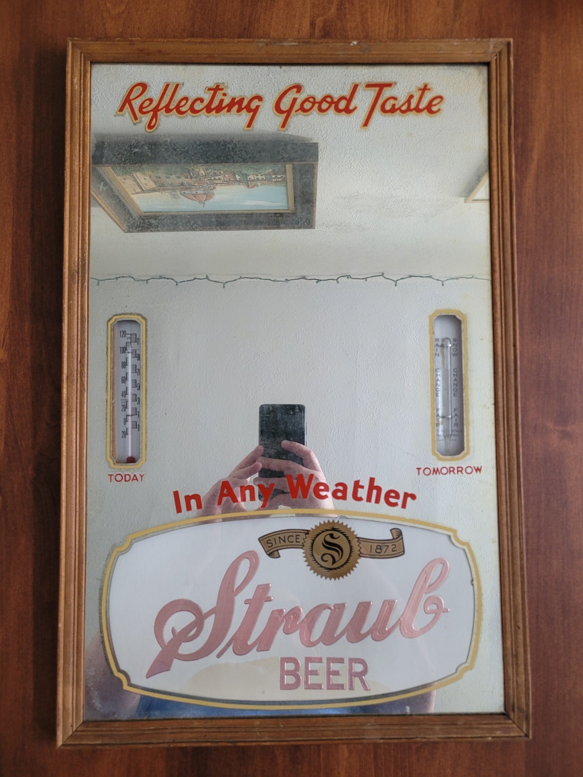 Rare Vintage Straub Beer Mirror Thermometer & Barometer Sign Rare Vintage Straub Beer Mirror Thermometer & Barometer Sign