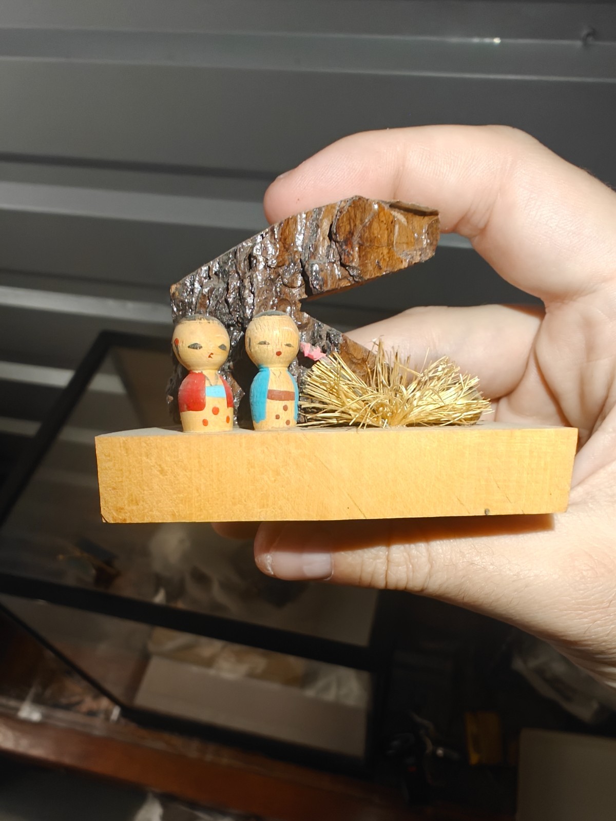Vintage Japanese Kokeshi Doll Miniature Wood Bark Diorama Lake Towada Folk Art Vintage Japanese Kokeshi Doll Miniature Wood Bark Diorama Lake Towada Folk Art