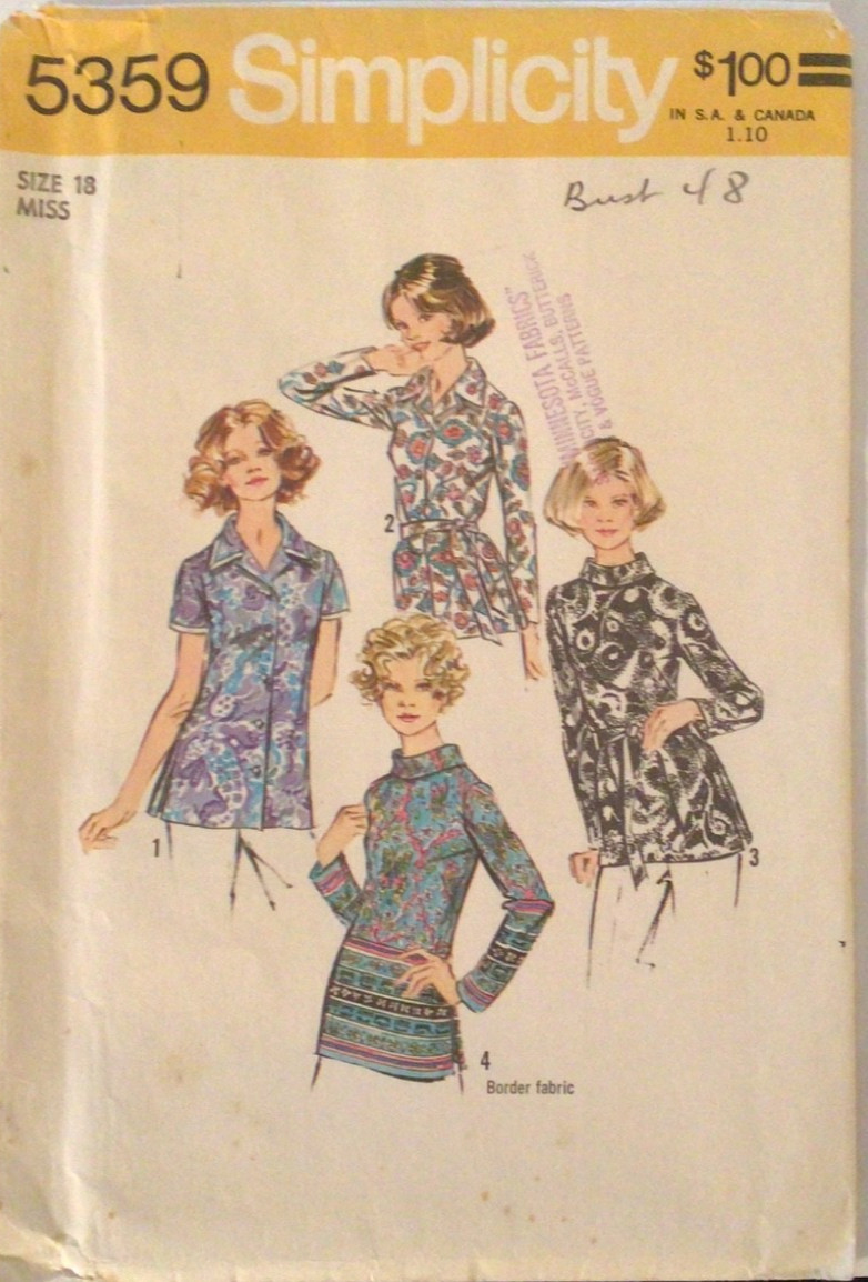 SIMPLICITY 5359 MISSES SIZE 44 BLOUSES SEWING PATTERN ©1972 CUT