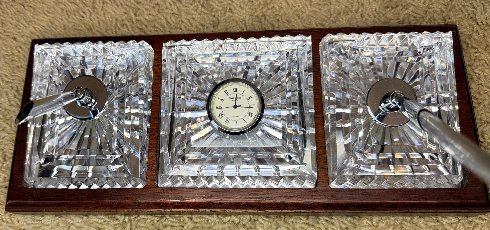 WATERFORD CRYSTAL Mahogany Mirrored Desk Set w/ Pen Holder & Mirror Base Ireland