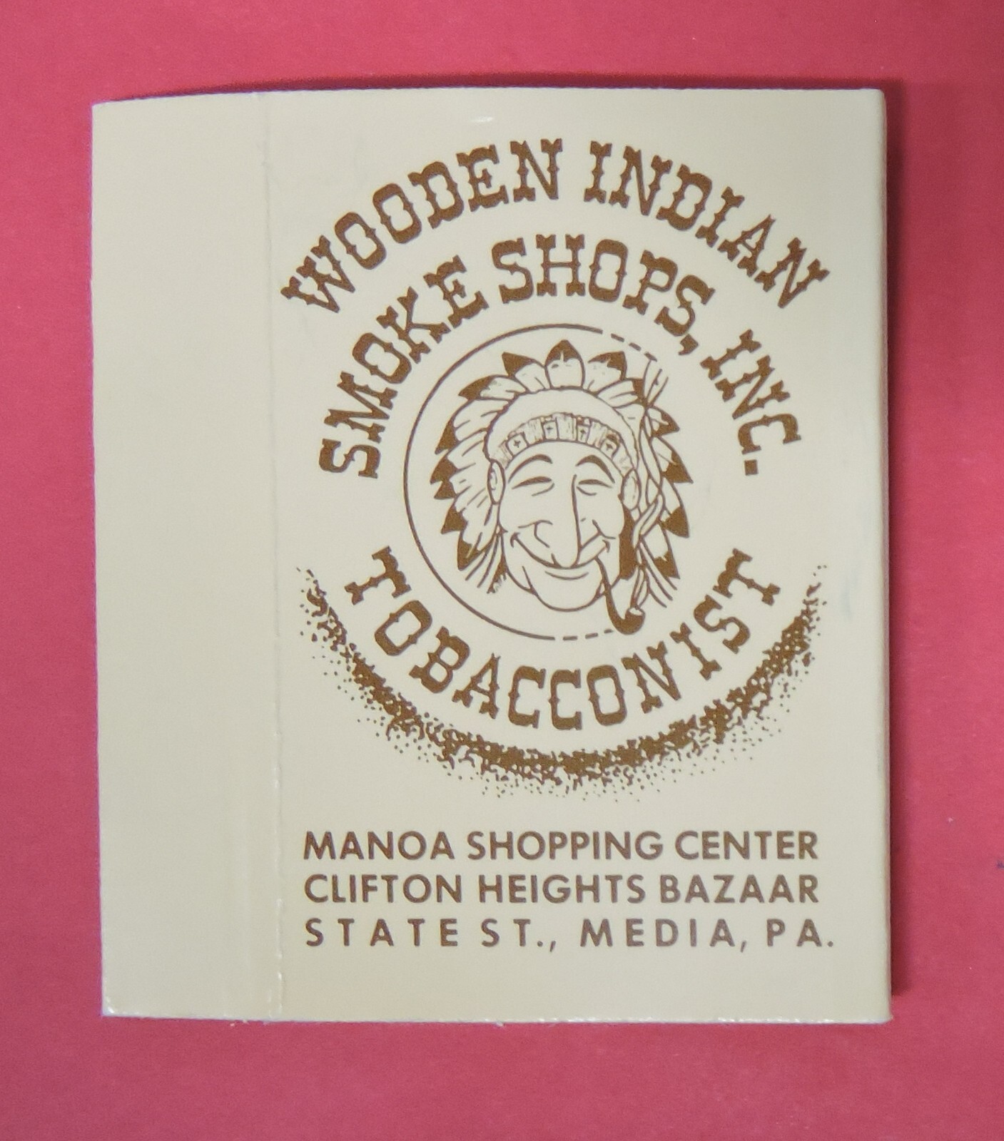 WOODEN INDIAN SMOKE SHOPS TOBACCONIST ADVERTISING MATCHBOX SLIP COVER-MEDIA PA