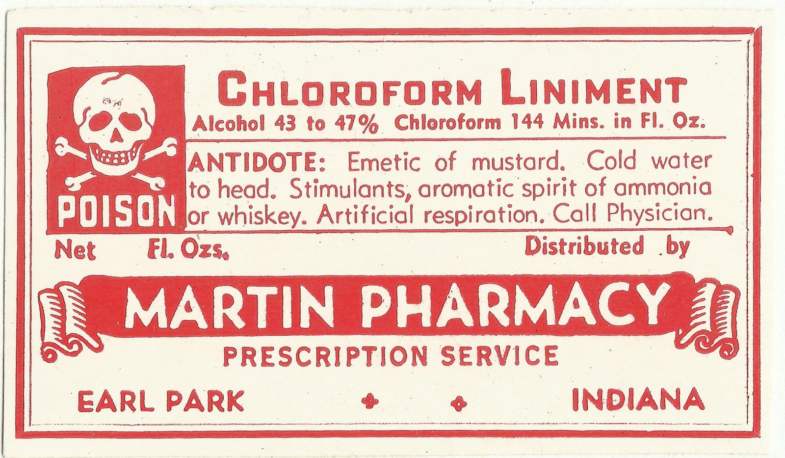 Vintage Pharmacy Label CHLOROFORM LINAMENT Martin Pharmacy Earl Park Indiana Vintage Pharmacy Label CHLOROFORM LINAMENT Martin Pharmacy Earl Park Indiana
