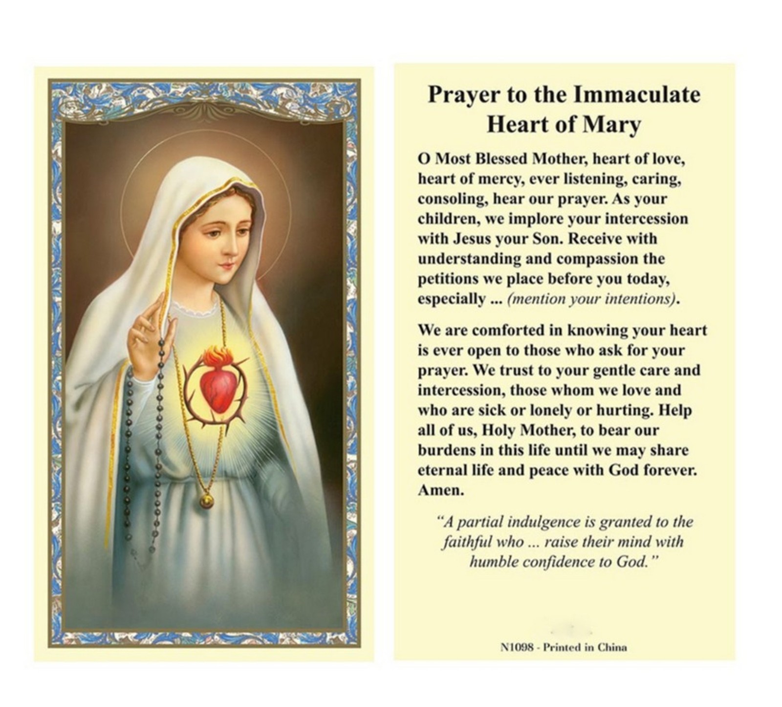 Prayer to the Immaculate Heart of Mary Holy Prayer Card Catholic- 2 Copies