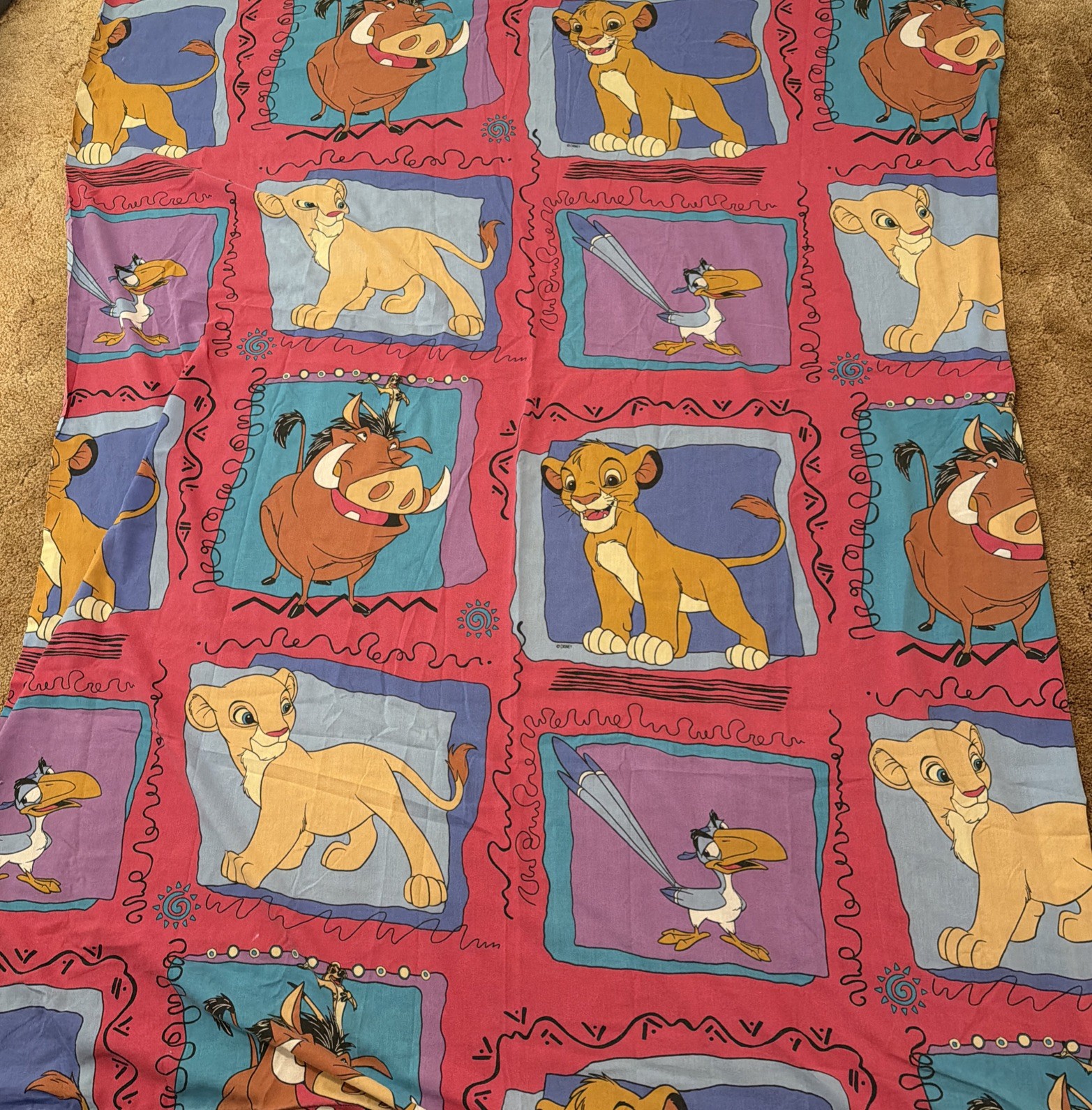 VTG 90s Disney The Lion King Flat Sheet Zazu Timon Nala Nostalgia Retro 90”x 64”