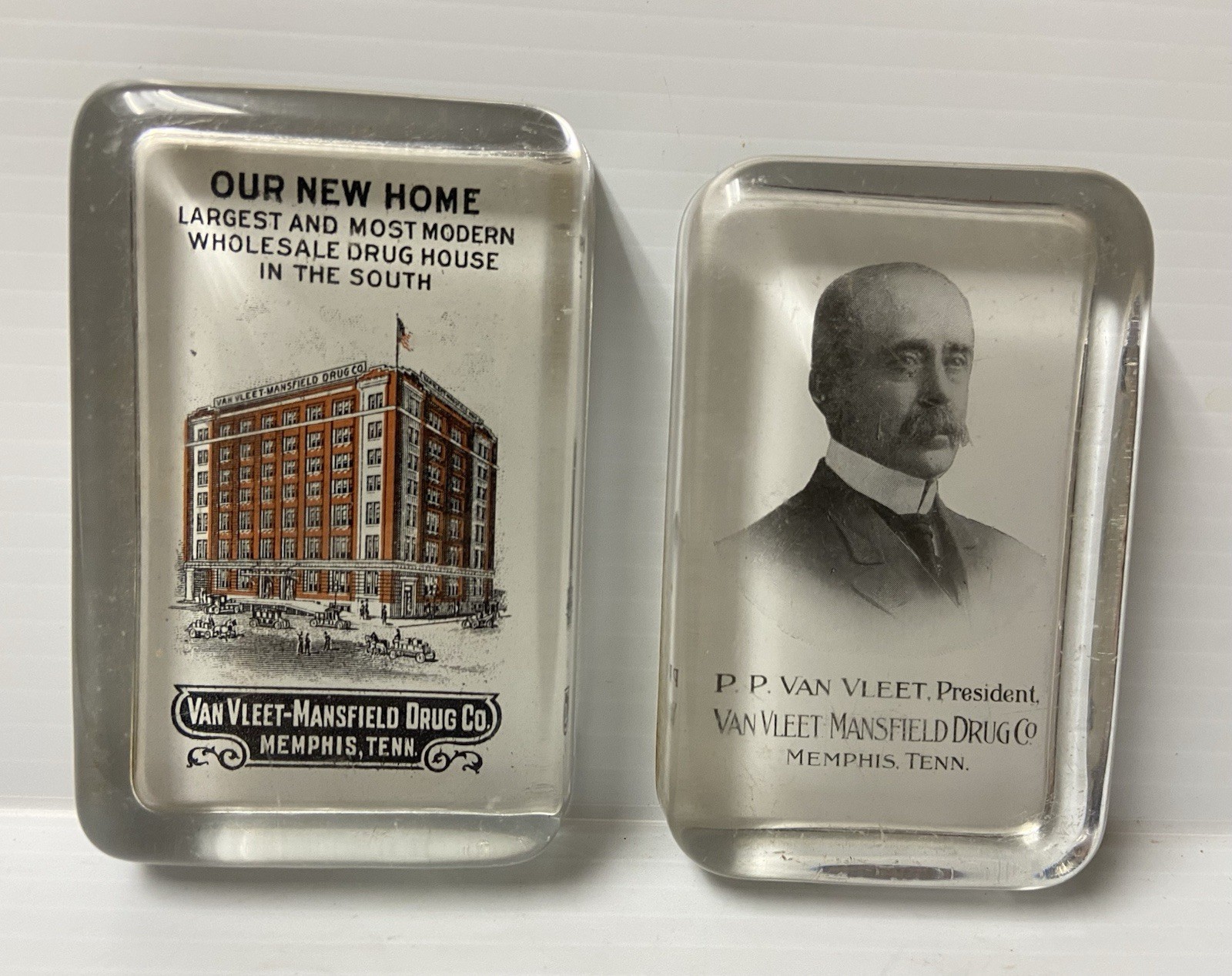 2 Antique Van Fleet- Mansfield Drug Advertising Memphis Tn Glass Paperweights