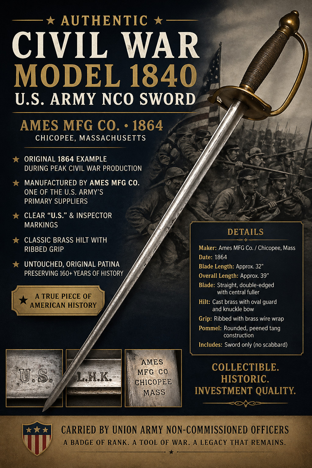 1864 Ames M1840 NCO Sword Civil War Union Army US LHK Inspector Original 1864 Ames M1840 NCO Sword Civil War Union Army US LHK Inspector Original