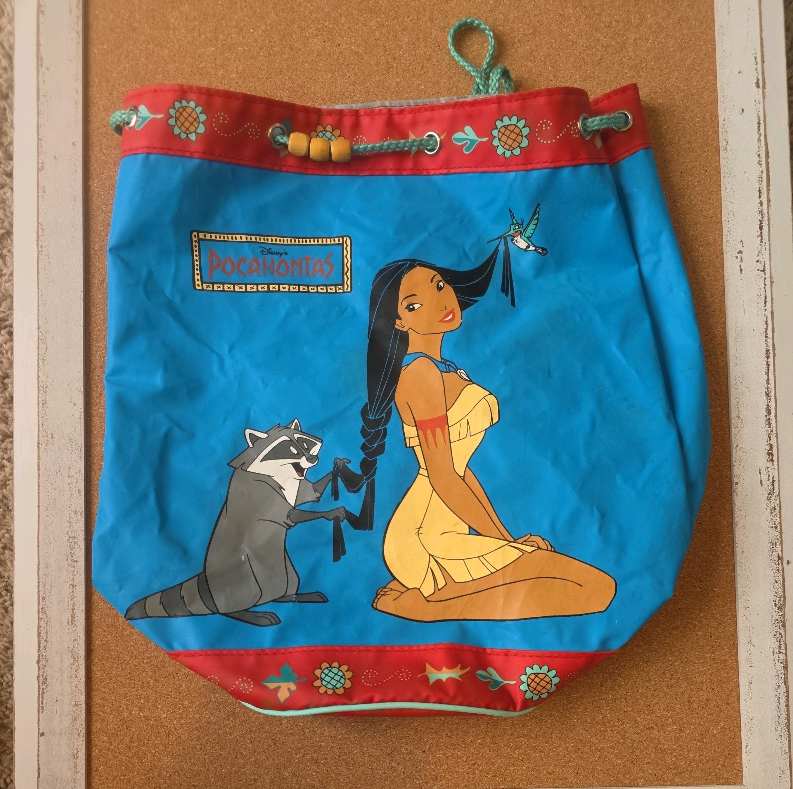 Rare VTG Disney 90s Pocahontas Red Blue Drawstring Canvas Bookbag Backpack