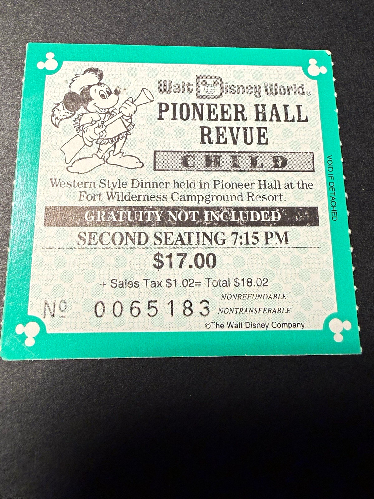 Vintage Walt Disney World Pioneer Hall Revue Child Ticket Fort Wilderness Mickey
