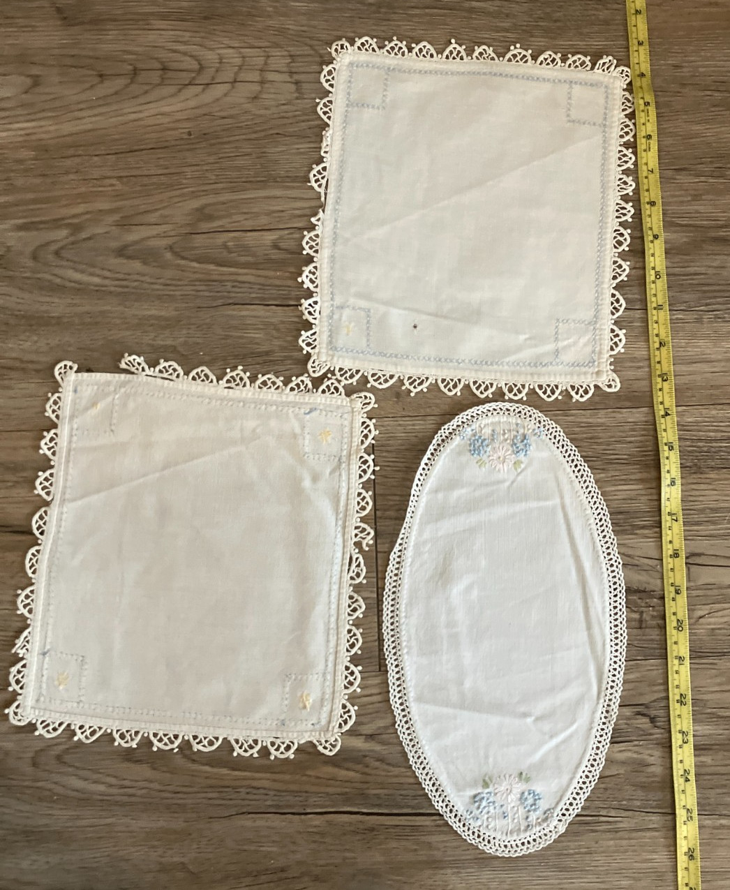 Lot of 3, Vintage Hand embroidered Linen Dollies