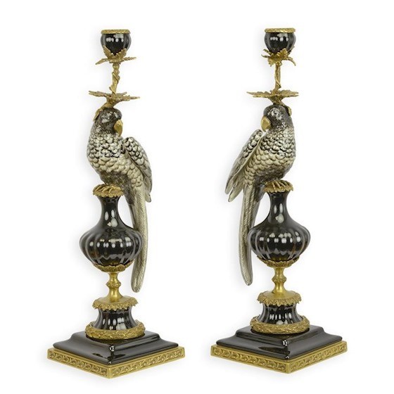 48 CM HUGE PAIR OF BRONZE MOUNTED PORCELAIN PARROT CANDLE HOLDER NEW Candlestick