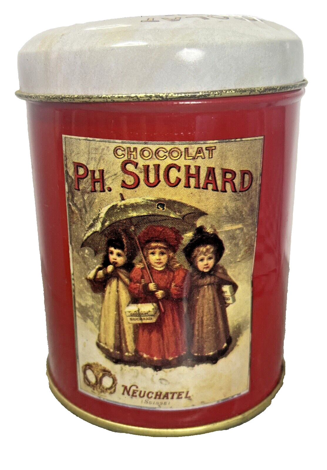 French metal PH.Suchard Neuchatel Chocolate EMPTY Tin Storage Container Display