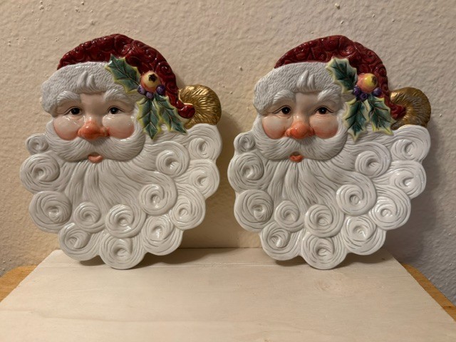 Set 2 Fitz And Floyd Santa Face Serving Plates Wall Hanging Christmas