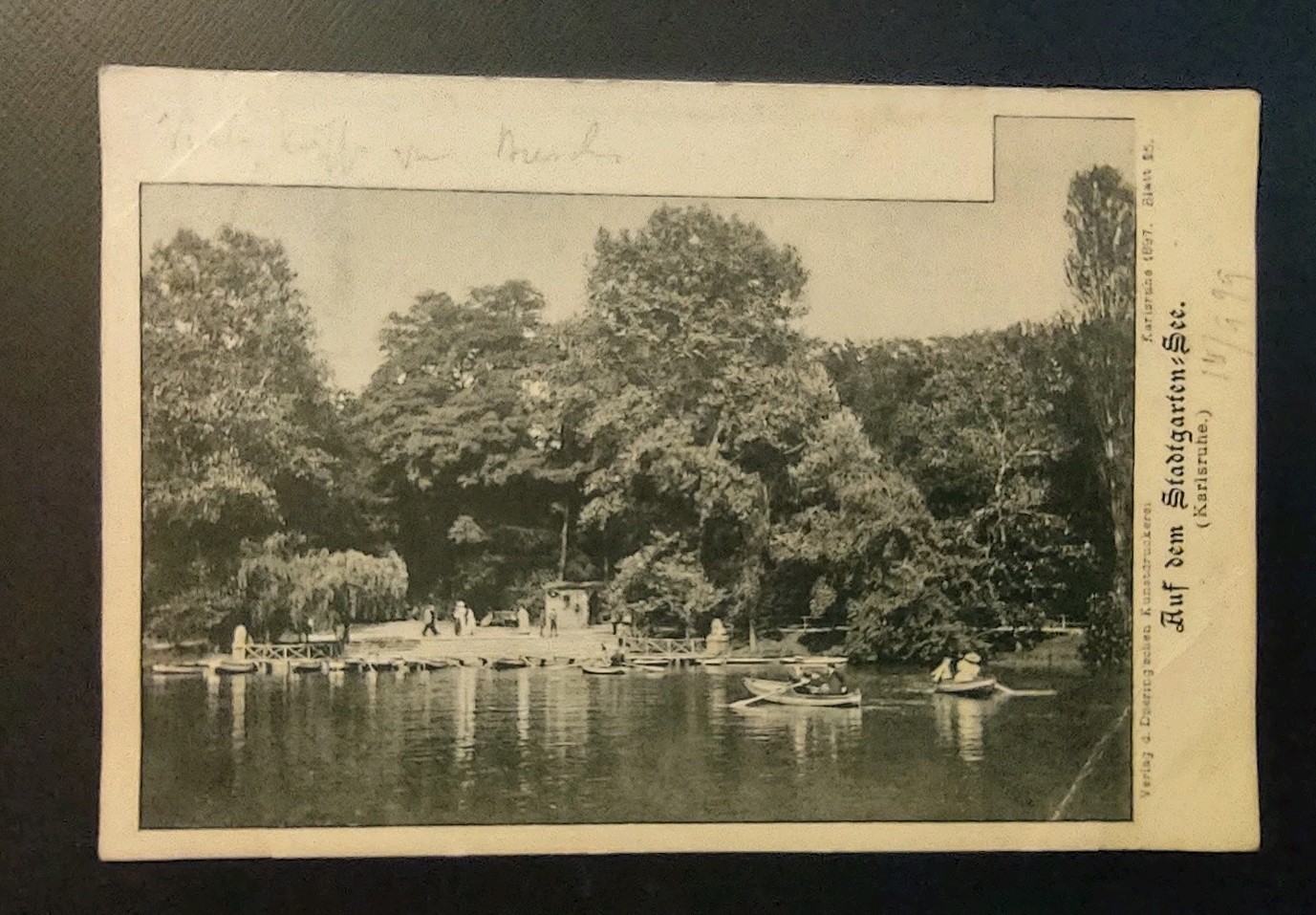 1899 Auf Dem Stadtgarten See Karlsruhe Germany Antique Postcard Lake Scene Boats