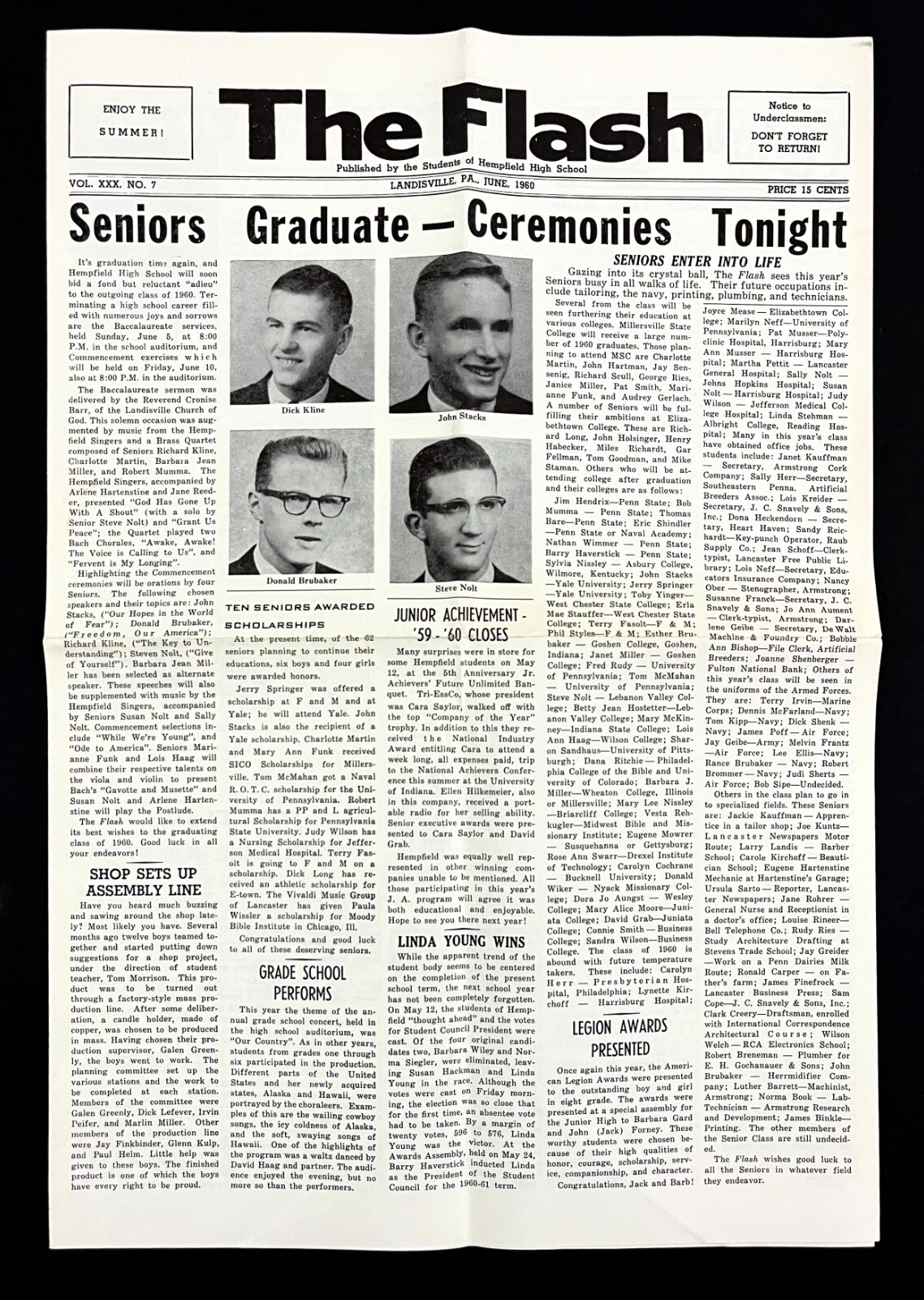 1960 The Flash Hempfield High School Landisville PA Vintage Student Newspaper
