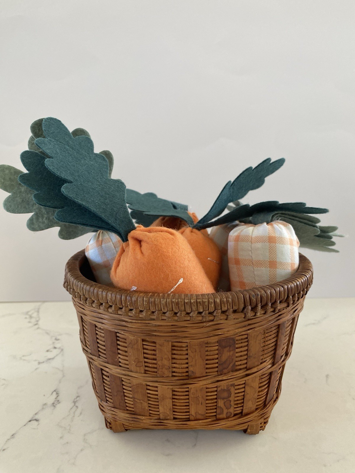 Woven Basket & Carrots Set Whimsical Farmhouse toys. Interactive play for kids.