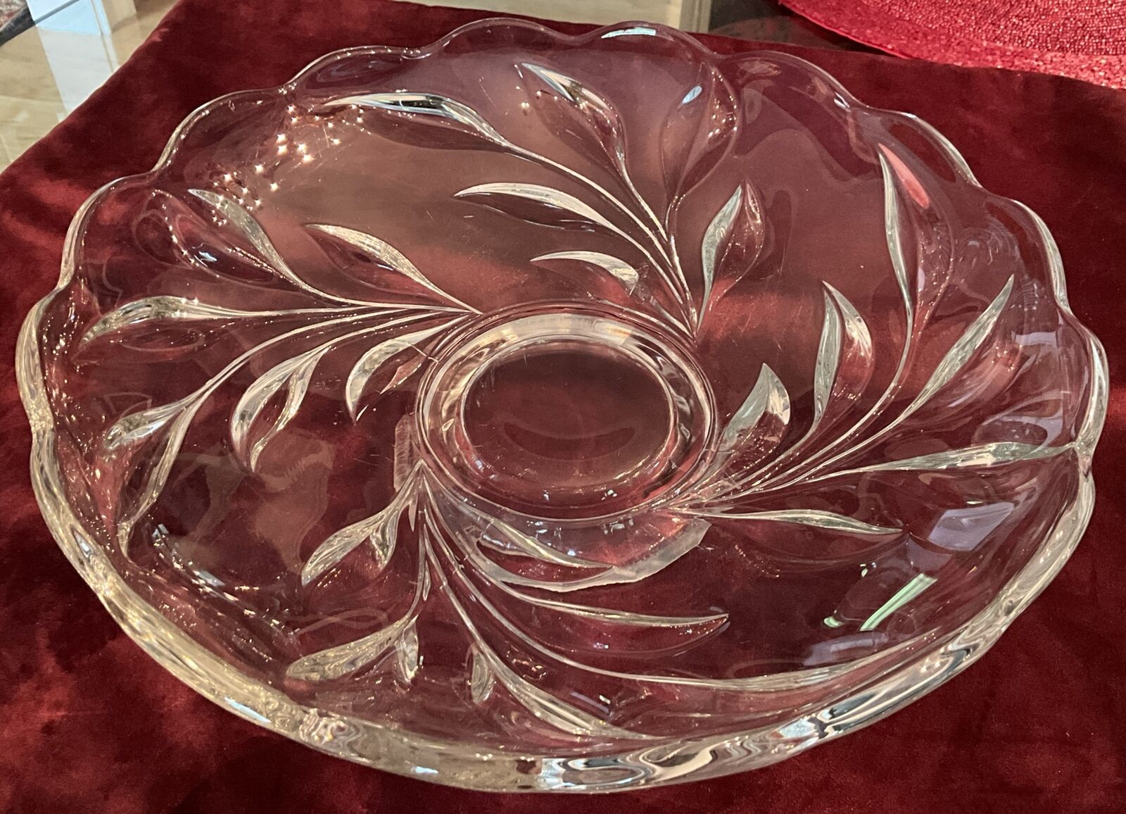 Vintage Clear Glass Embossed with Vines Scalloped Footed Round Centerpiece Bowl