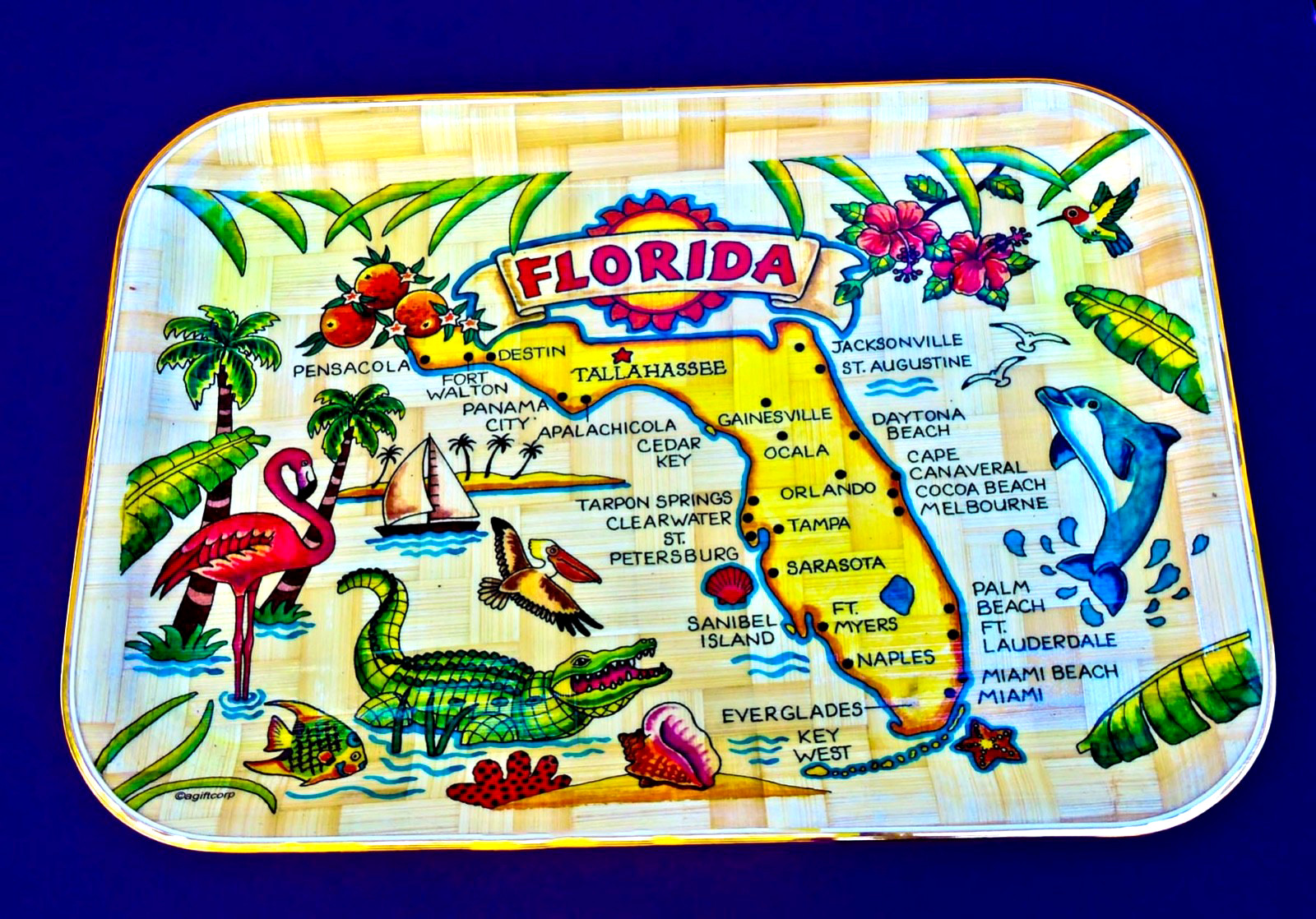 VINTAGE  FLORIDA STATE MAP SOUVENIR TRAY WOVEN BAMBOO TROPICAL IMAGES LANDMARKS