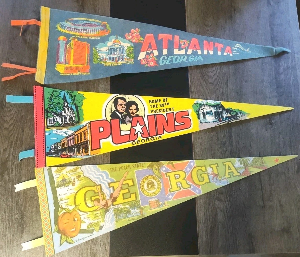 Lot of 3 Vintage Georgia Felt Pennants Jimmy Carter Plains Atlanta Stadium Map Lot of 3 Vintage Georgia Felt Pennants Jimmy Carter Plains Atlanta Stadium Map