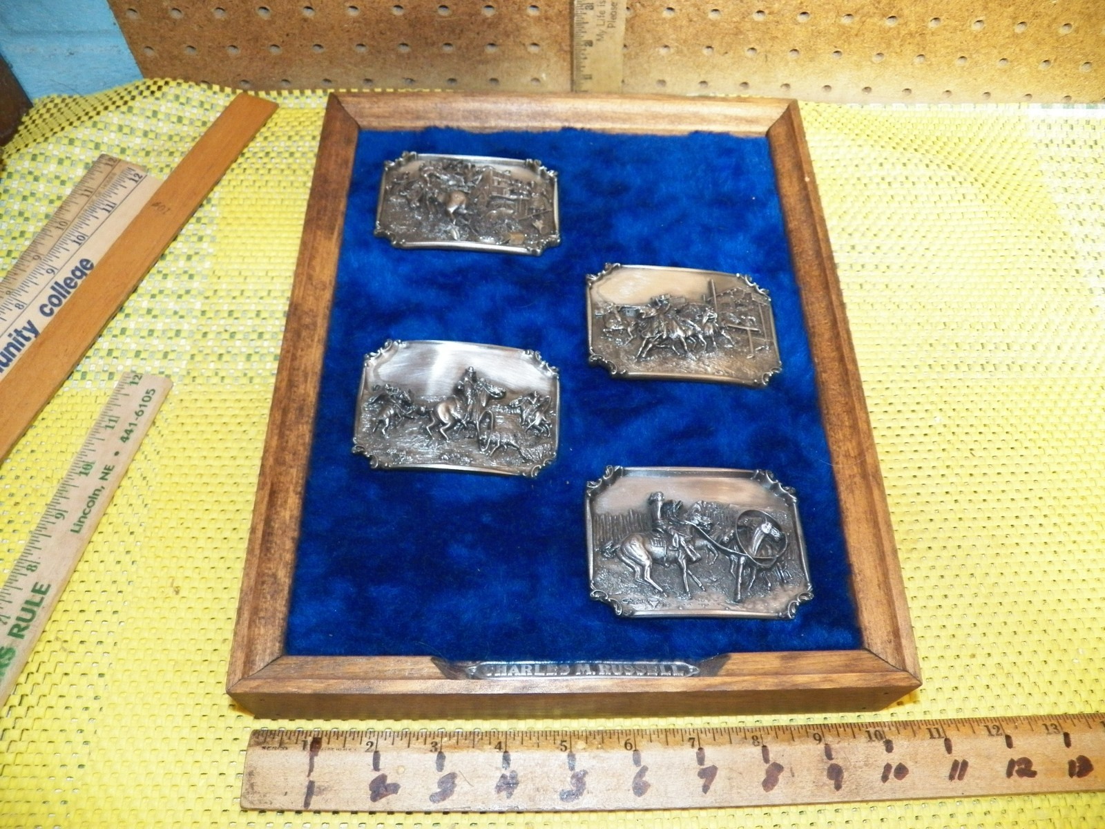 1980s Charles M. Russell Limited Edition Belt Buckle Set of 4 w/ Display Case