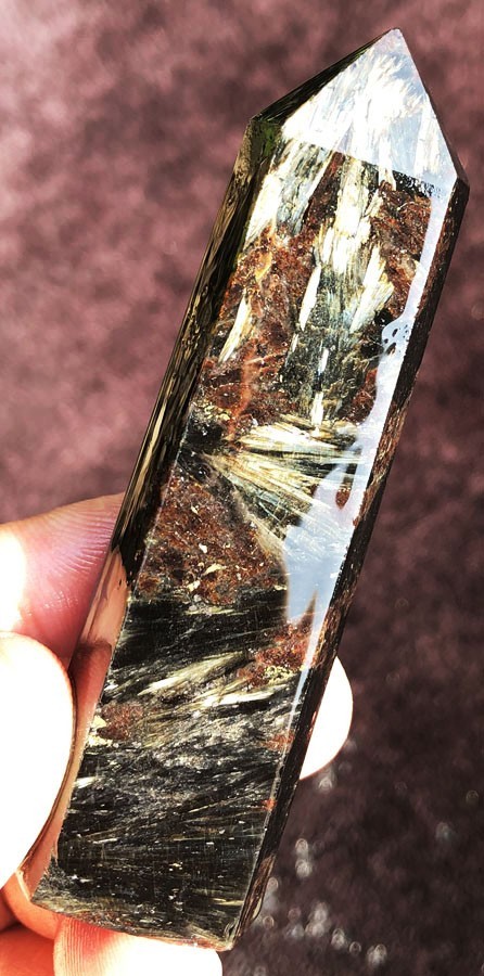 99.0g Gold Flash Russian Astrophyllite With Garnet & Pyrite Point ie4037