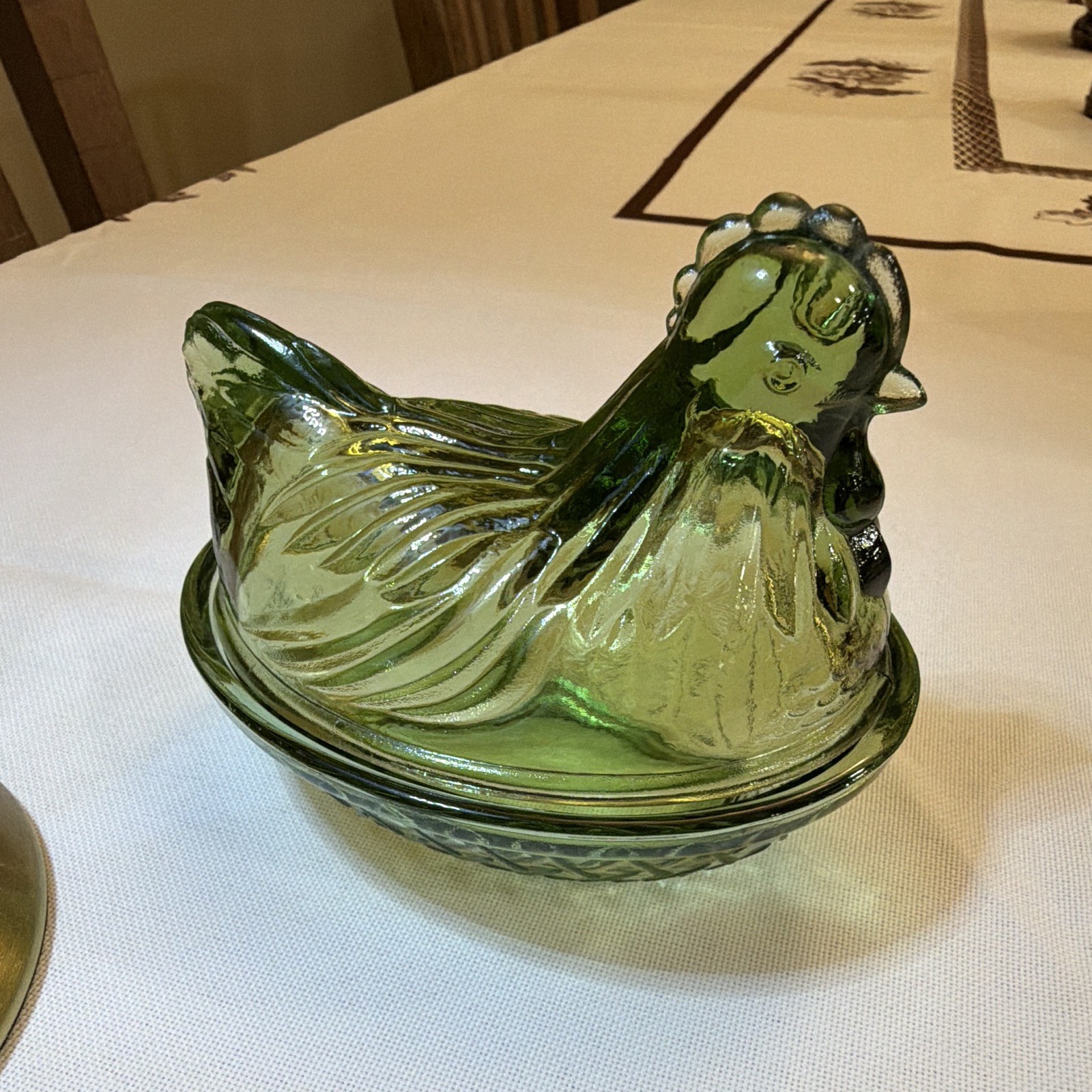 Vintage Hazel Atlas Olive Green Glass Hen on Nest 4.5” RARE