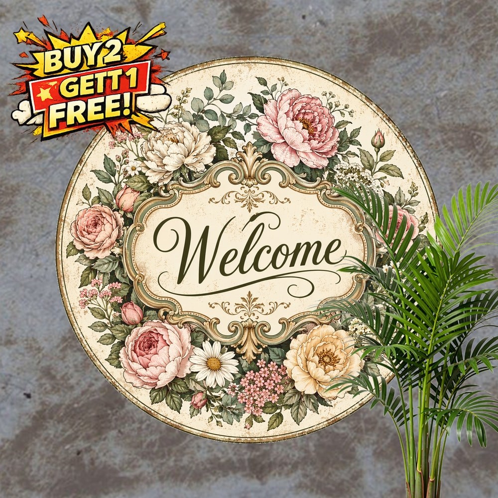 Welcome Floral Wreath Round Metal Sign Rustic Country Home Decor Plaque 8x8