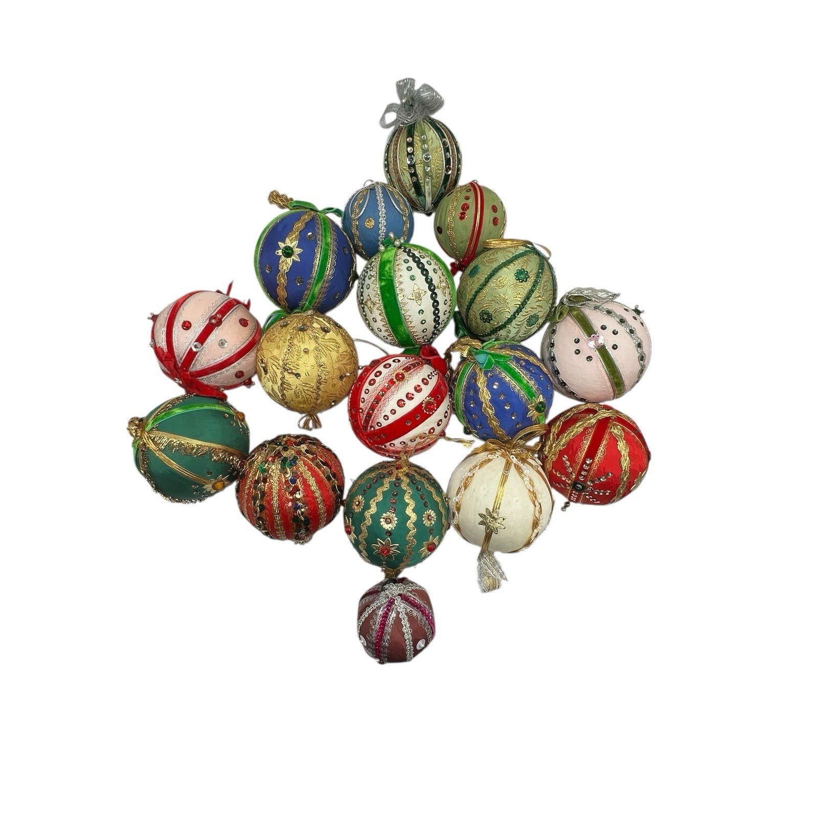 VTG Handmade Christmas Ornaments Set Push Pin Sequin Beaded 4” Victorian Kitsch VTG Handmade Christmas Ornaments Set Push Pin Sequin Beaded 4” Victorian Kitsch