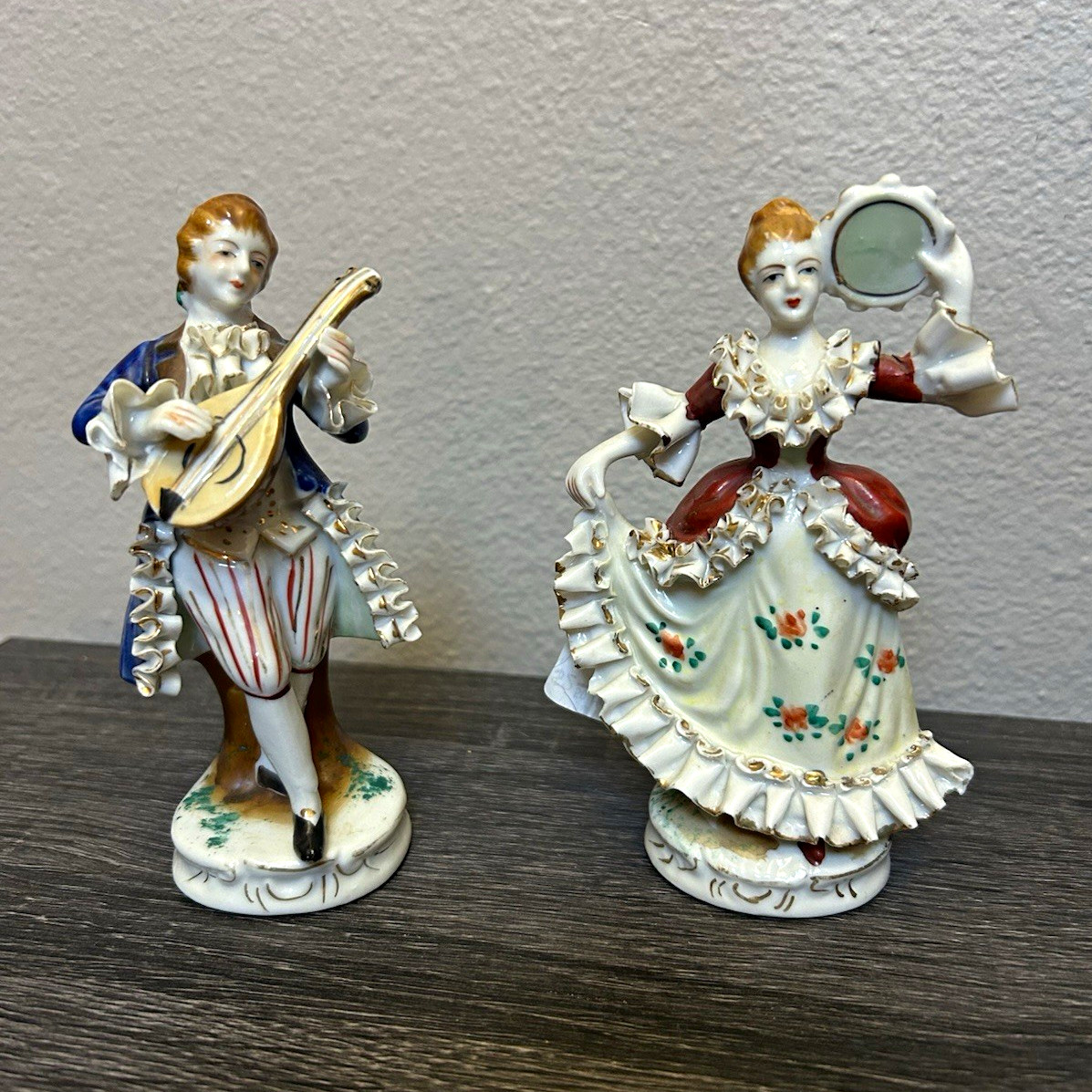 2 Porcelain Hand Painted Glazed Figurines Man With Lute & Woman With Mirror 2 Porcelain Hand Painted Glazed Figurines Man With Lute & Woman With Mirror