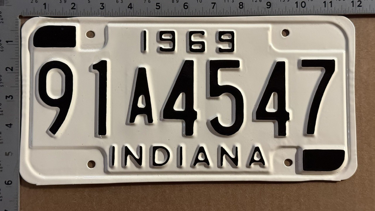 1969 Indiana license plate 91A 4547 YOM DMV White HIGH QUALITY RESTORED 24558 1969 Indiana license plate 91A 4547 YOM DMV White HIGH QUALITY RESTORED 24558