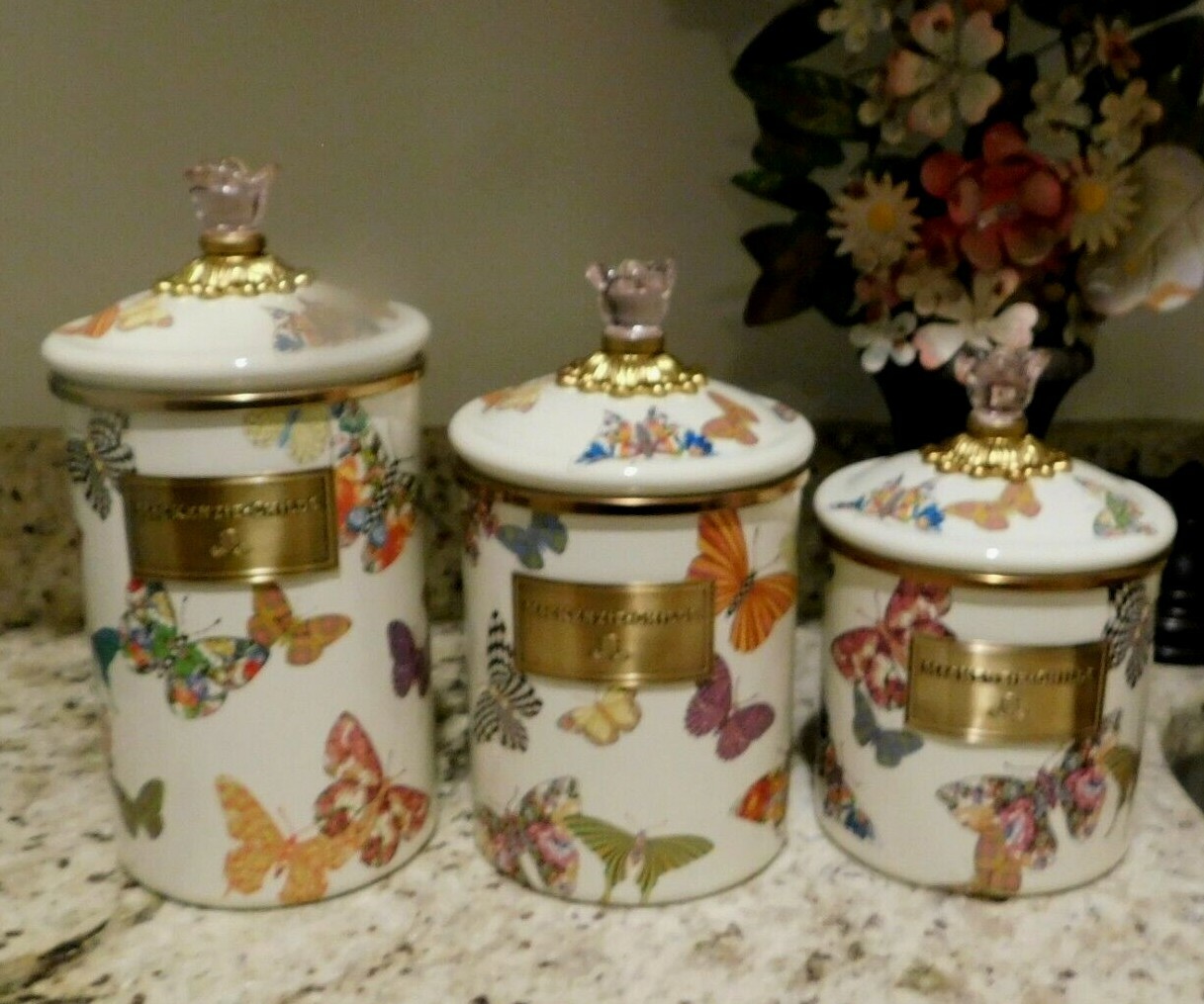MACKENZIE-CHILD'S BUTTERFLY GARDEN S,M,L,,THREE CANISTER SET, RETIRED, NEW MACKENZIE-CHILD'S BUTTERFLY GARDEN S,M,L,,THREE CANISTER SET, RETIRED, NEW