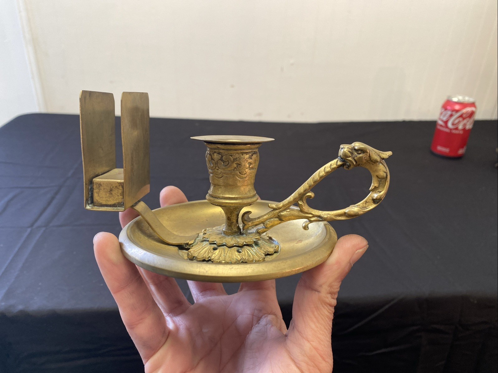 Antique 19th Century Brass Chamberstick Candle & Matchbox Holder, Lions Head