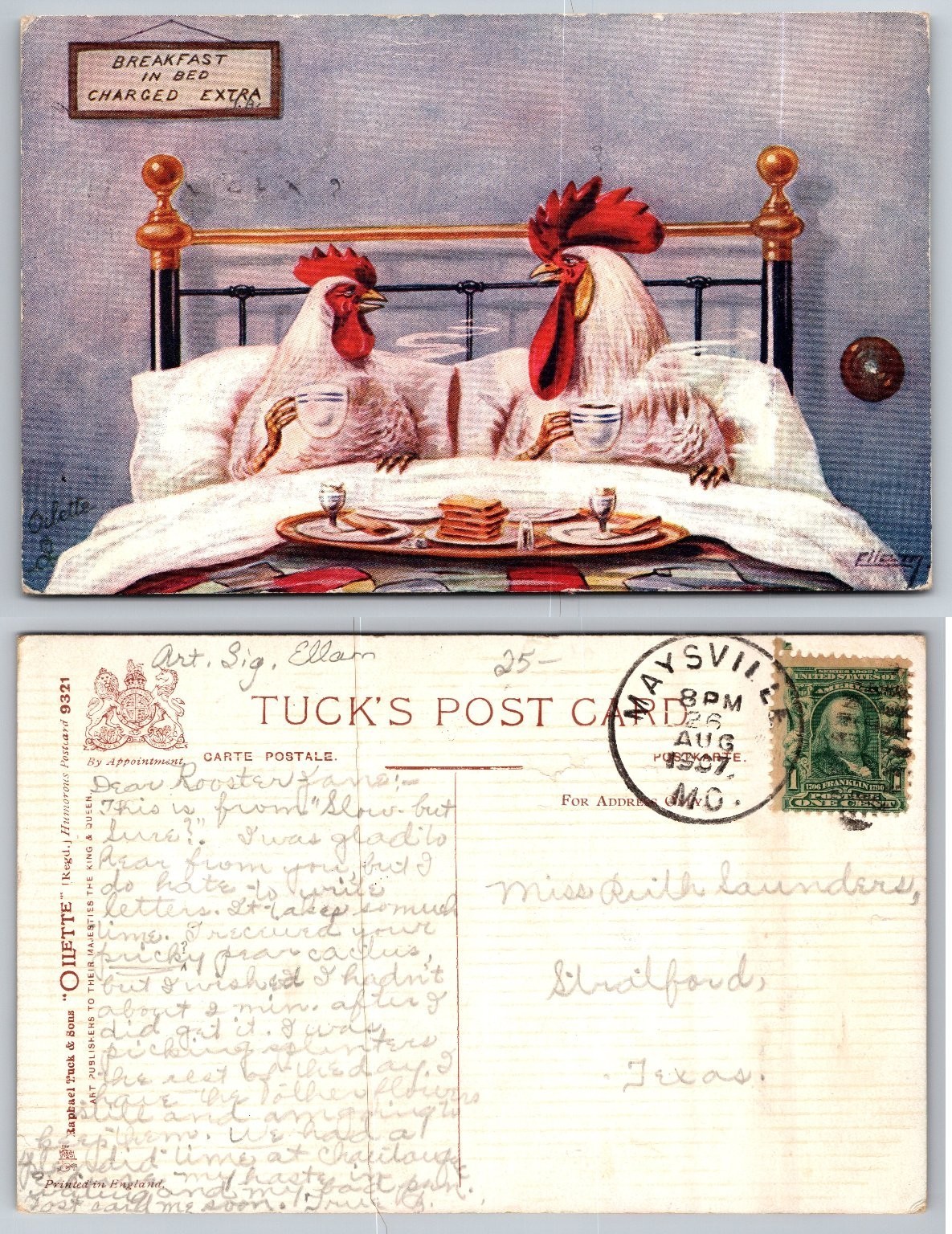 Vintage Tuck's Oilette Humorous Postcard Chickens Breakfast in Bed 1907
