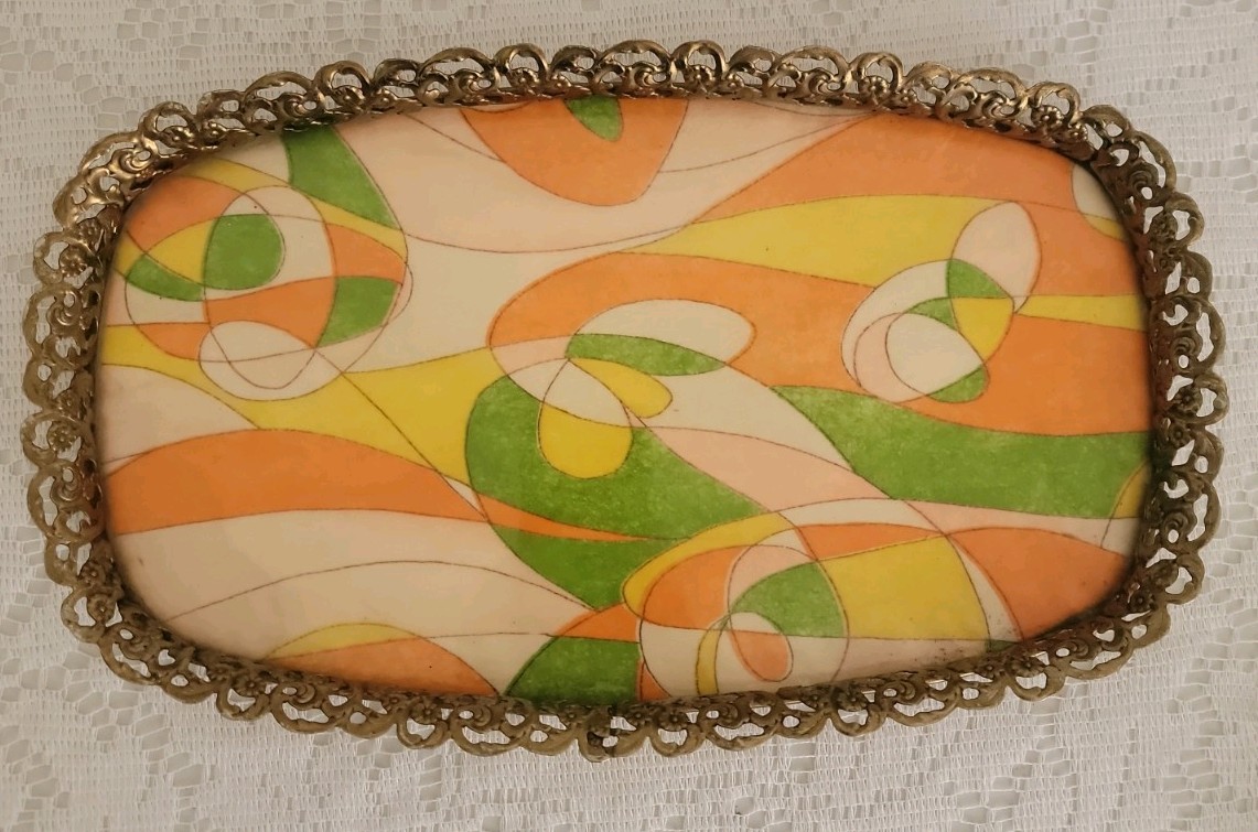 Vtg MCM Serving/Vanity Tray W/abstract Laminate In Ornate Pierced Metal 14 X8.5