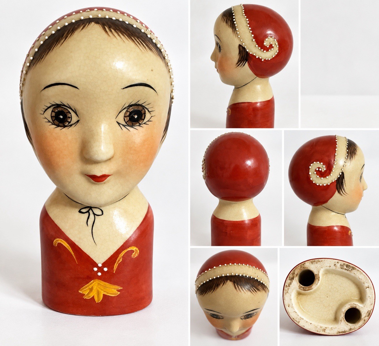 Vintage Art Deco Flapper Girl Ceramic Head Figurine Red Cloche Hat Hand 6” Vintage Art Deco Flapper Girl Ceramic Head Figurine Red Cloche Hat Hand 6”