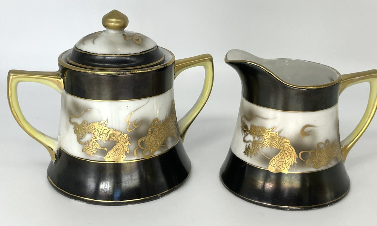 Antique Hand Painted Nippon Gold Dragon Creamer Lidded Sugar Bowl Blue Stamp