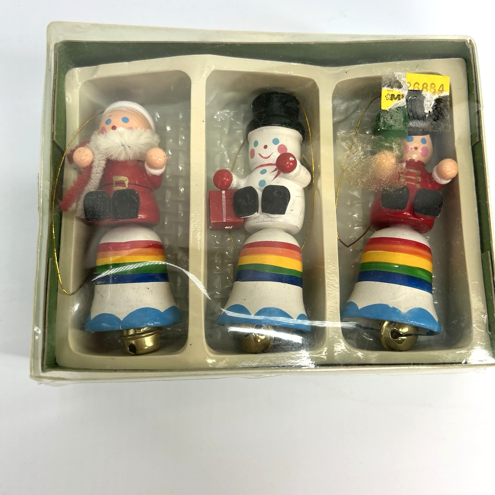 Vintage Wooden Christmas Bell Ornaments Set 3 Rainbow Santa Snowman Soldier Box