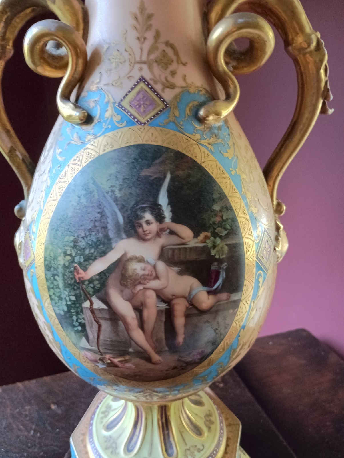 Vintage Late 19thC Sevres Style Gilt Bronze Urn Vase Lamp, 27\