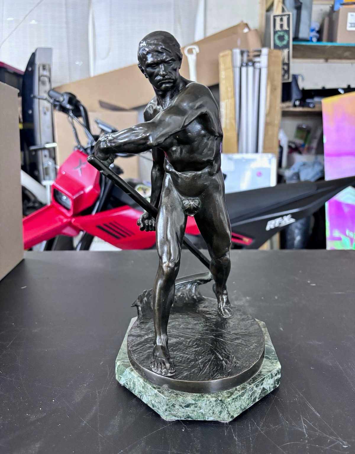 Antique Bronze Sculpture Male Nude Reaper Scythe Signed Müller-Crefeld Berlin
