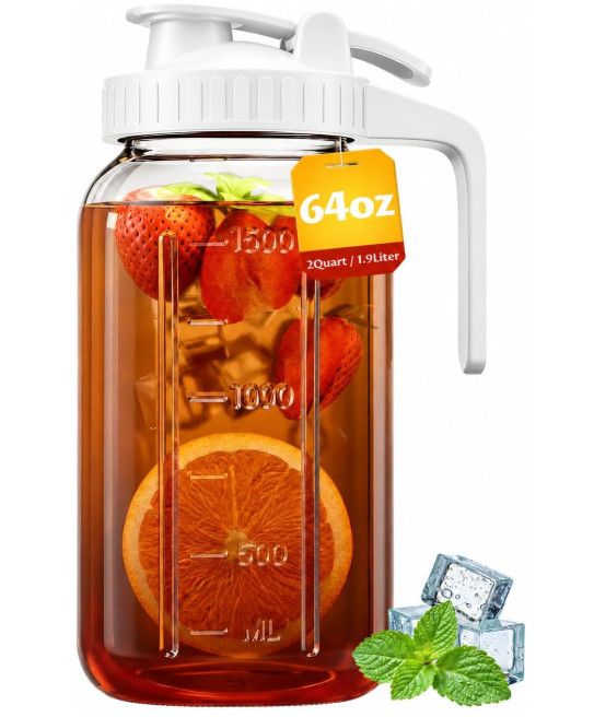 Jarra de vidrio 64 oz/2 Qt con tapa hermética, asa y boquilla para té y café frí