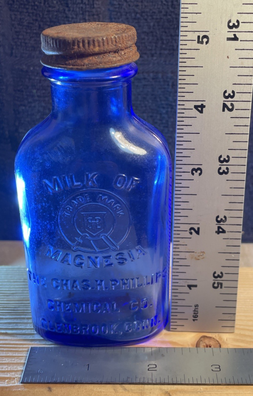 ☮️ Vintage Cobalt Blue Glass Milk of Magnesia Bottle Embossed; w/org cap ☮️ Vintage Cobalt Blue Glass Milk of Magnesia Bottle Embossed; w/org cap