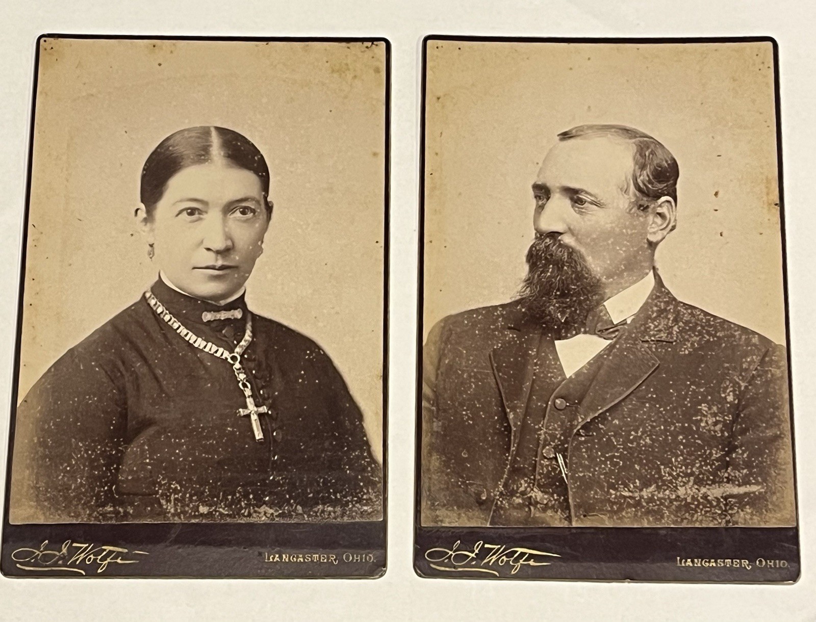Antique Victorian Cabinet Cards J.H. Wolfe Lancaster Ohio Woman & Man Portraits