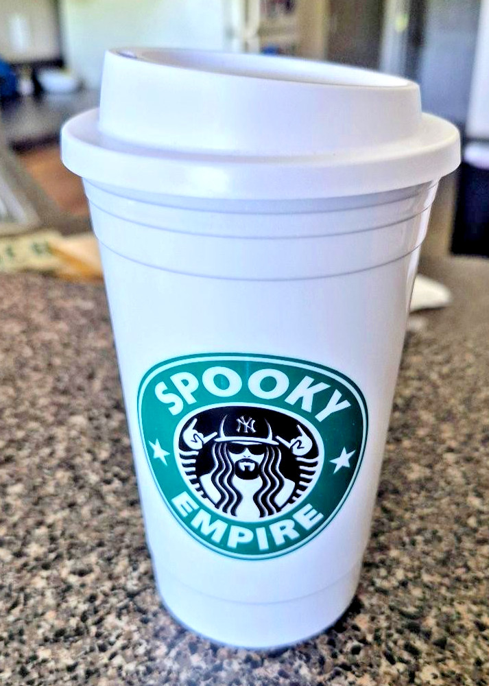 SPOOKY EMPIRE CONVENTION HARD PLASTIC HALLOWEEN COFFEE CUP AND COVER