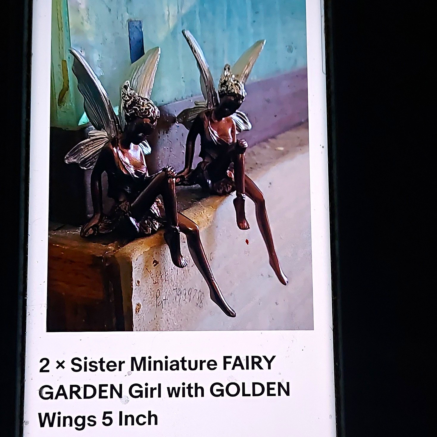 2x Sister Miniature Fairy Garden Girl Figurines Golden Wings 5 Inch Fantasy