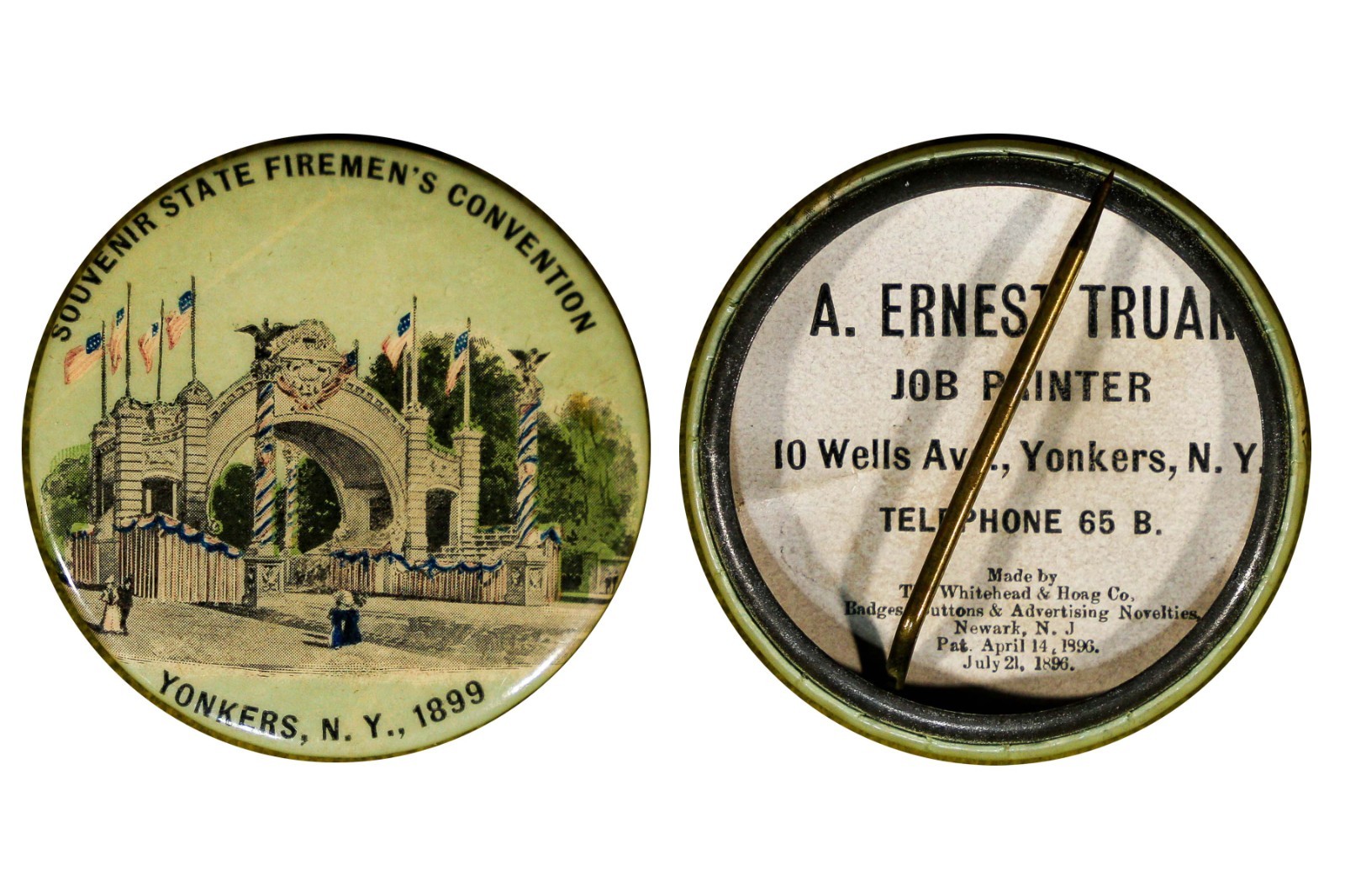Antique Celluloid Pinback SOUVENIR STATE FIREMEN’S CONVENTION YONKERS, N.Y. 1899