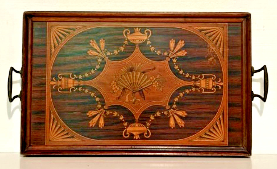 Antique English Edwardian Marquetry Inlay Wooden Tray With Brass Handles 13x21