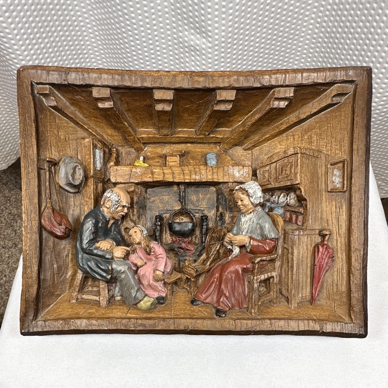 Vintage French 3D Bas-Relief Plaque Rustic Hearth Scene Galerie d’Art Simon Metz