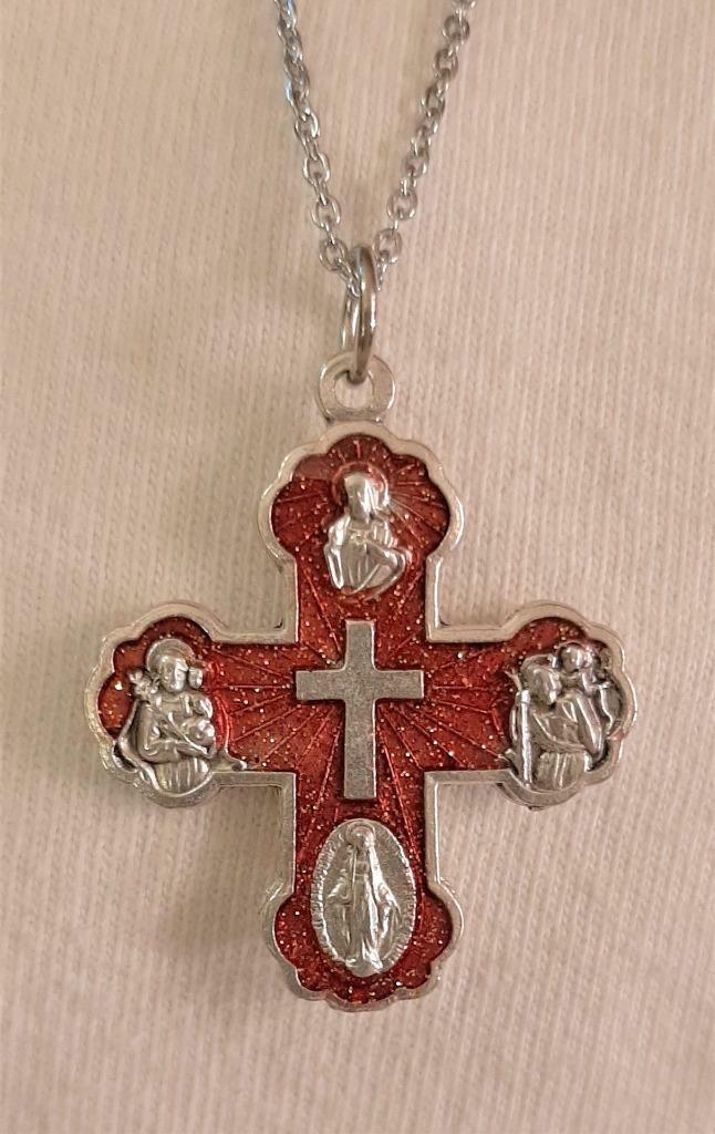 Glittery Red Finished 4-Way Truncated Scapular Cross Medal Silvertone Necklace