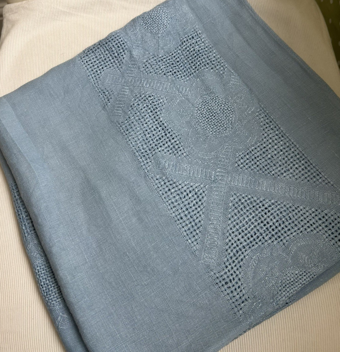 Vintage Blue Square Linen Tablecloth. Approx 4ft x 4ft. 