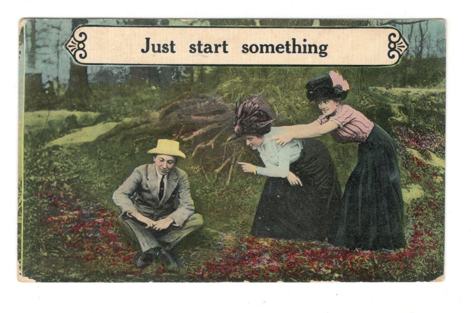 Young Women Man Just Start Something Vintage Antique Postcard E104